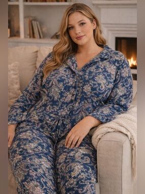 Lauren Ralph Lauren Blue Paisley Button-Up Pyjama Set Size XL 3/4 sleeves